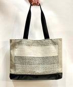 Patchwork Tote | Large Upcycled Auto Leather & Fabric | One of a Kind | Black & Beige Stripe