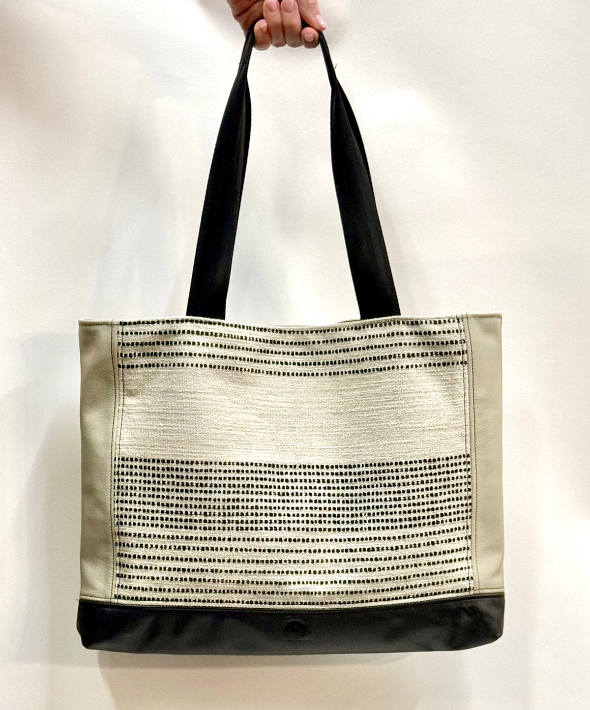 Patchwork Tote | Large Upcycled Auto Leather & Fabric | One of a Kind | Black & Beige Stripe