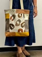 Patchwork Tote | Large Upcycled Auto Leather & Fabric | One of a Kind | Cream, Brown, Spice & Mustard Yellow Leopard Print