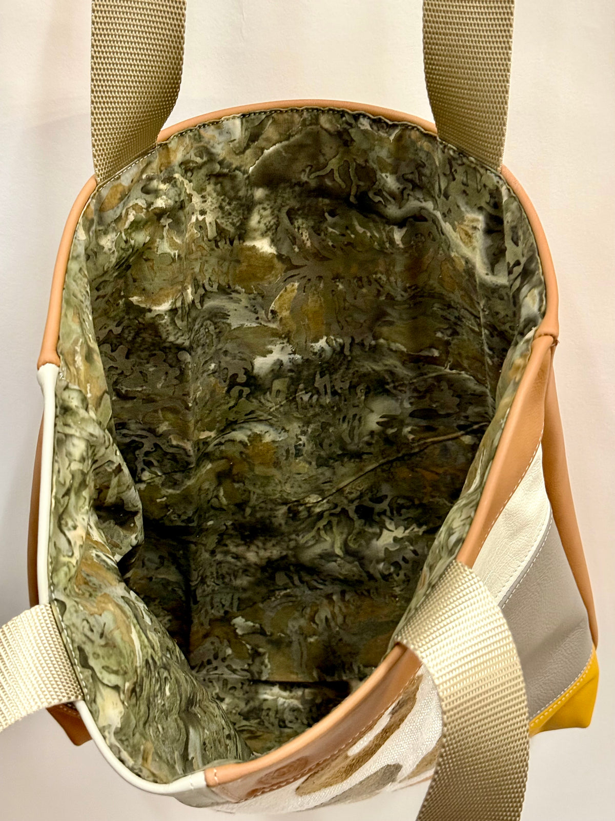 Patchwork Tote | Large Upcycled Auto Leather & Fabric | One of a Kind | Cream, Brown, Spice & Mustard Yellow Leopard Print