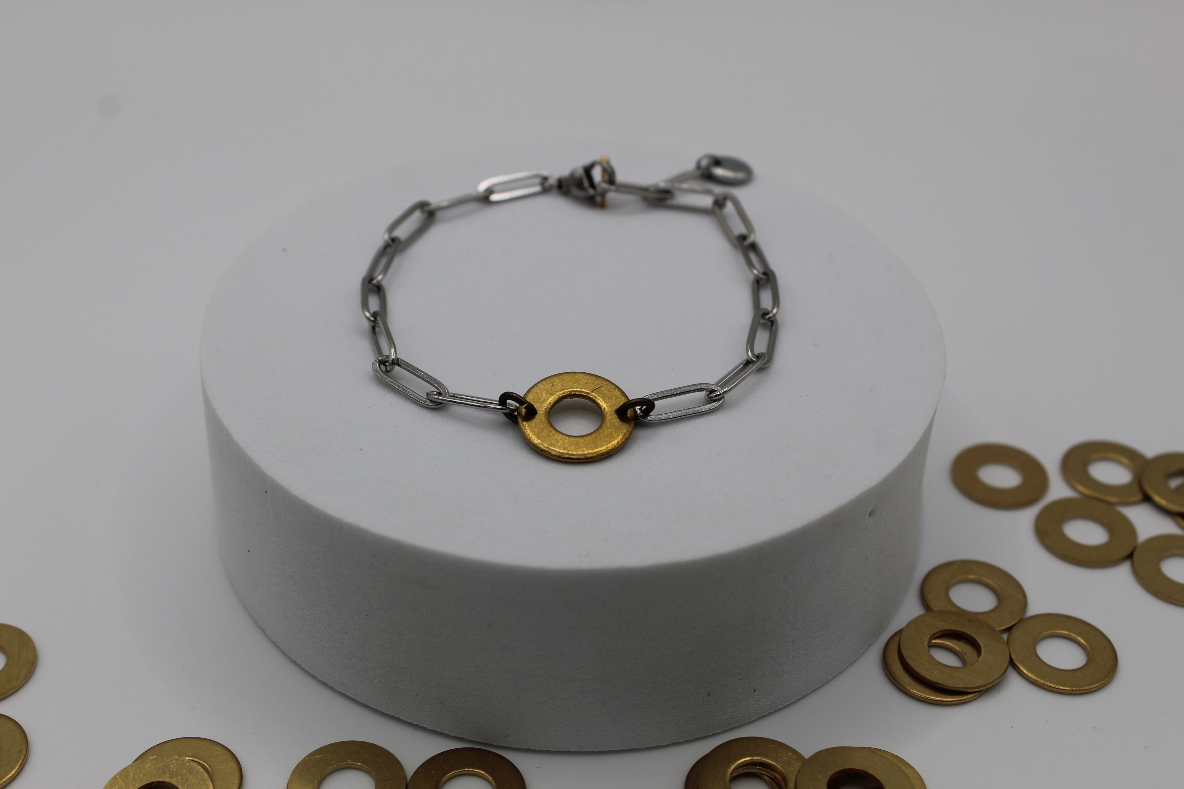 A Courageous Voice Bracelet | Repurposed Automotive Brass Washer & Stainless Steel Paperclip Chain