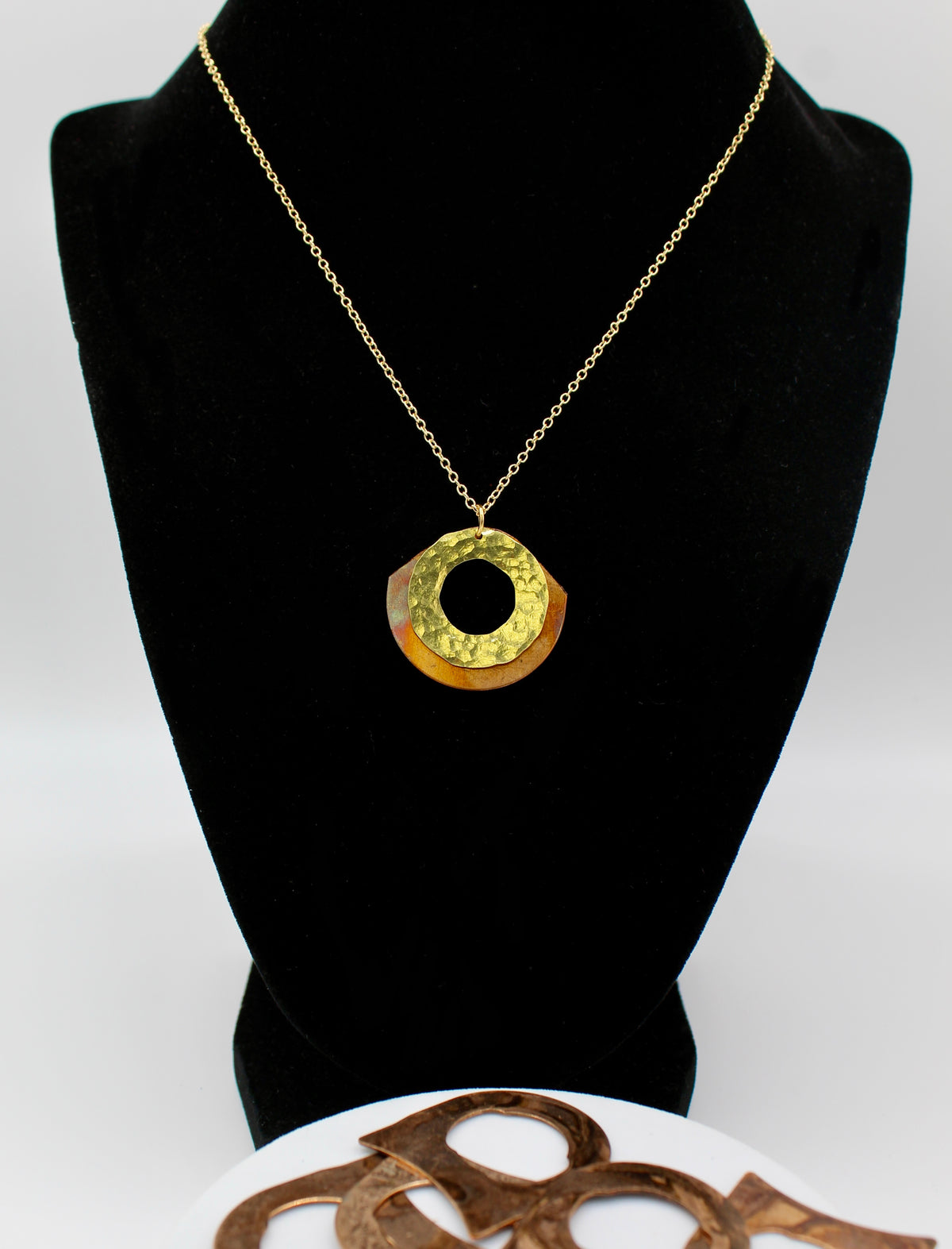 Glow Necklace | Repurposed Brass Washer & Fire Patina Copper Shim | Adjustable Gold Plated Necklace