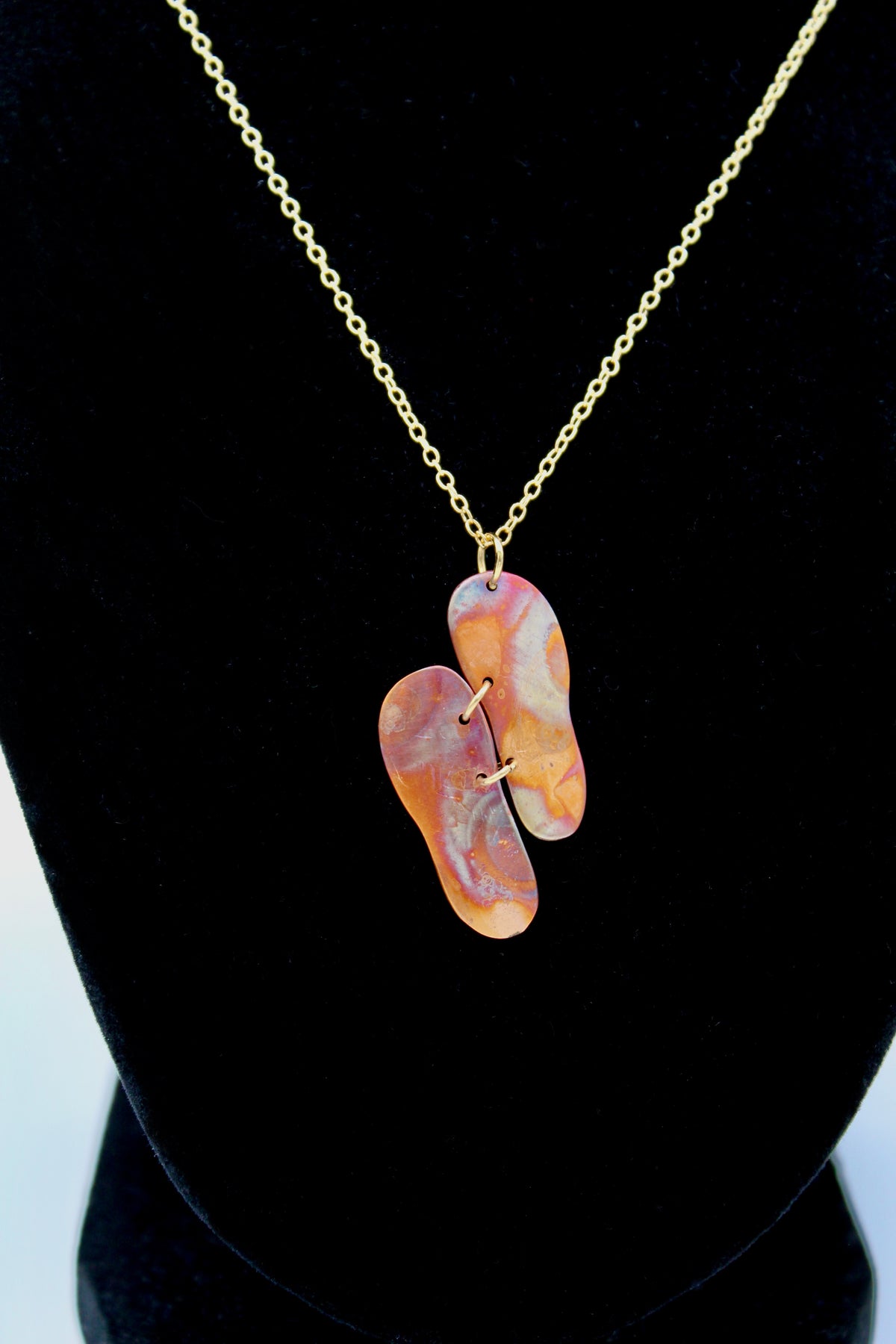 Journey Necklace | Salvaged Copper Shim| Fire Patina | Adjustable Gold Plated Necklace