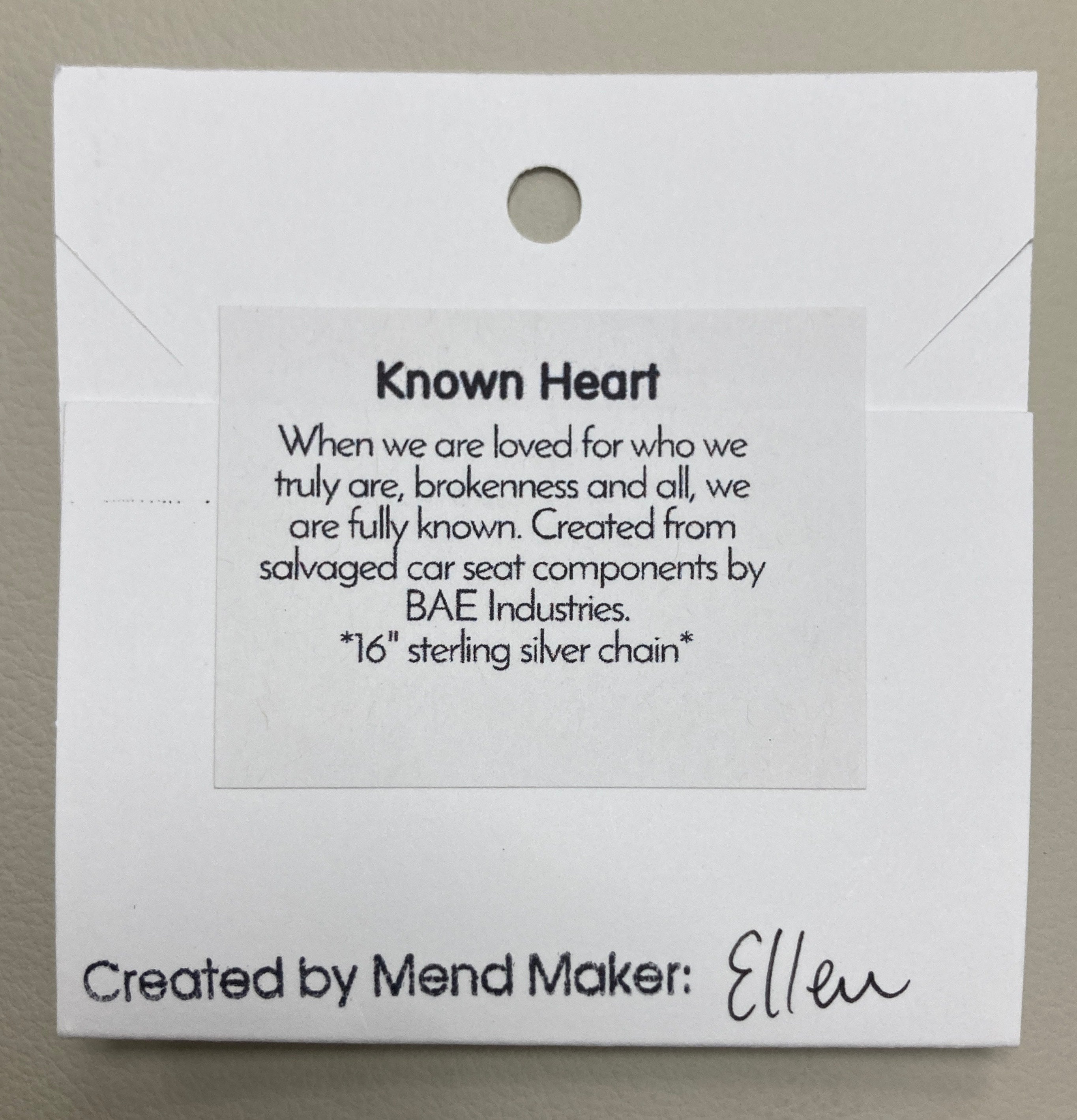 Known Heart necklace product tag close up 