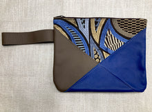 Load image into Gallery viewer, Crosswalk Deep Blue &amp; Rich Brown Leather and Abstract Fabric Wristlet- One of a Kind!