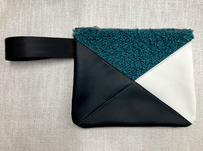 Crosswalk Textured Deep Teal Green Fabric with Black & White Leather Wristlet- One of a Kind!