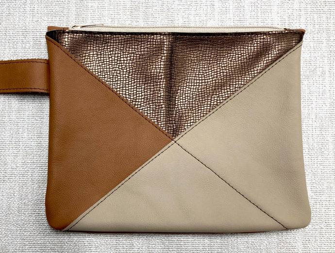 Crosswalk Bronze Crinkle Fabric & Camel Brown with Tan Leather Wristlet- One of a Kind!