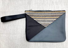 Load image into Gallery viewer, Crosswalk Ecru, Yellow &amp; Gray Striped Velvet with Dark Gray &amp; Black Leather Wristlet- One of a Kind!