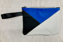 Load image into Gallery viewer, Crosswalk Leather and Fabric Wristlet - One of a Kind - Honolulu Blue &amp; Silver Gray Leather