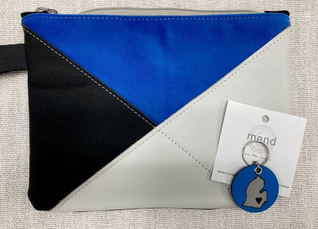 Crosswalk Leather and Fabric Wristlet - One of a Kind - Honolulu Blue & Silver Gray Leather