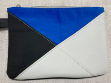 Load image into Gallery viewer, Crosswalk Leather and Fabric Wristlet - One of a Kind - Honolulu Blue &amp; Silver Gray Leather