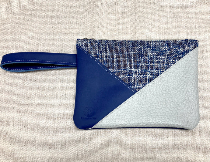 Crosswalk Leather and Fabric Wristlet - One of a Kind - Royal Blue & Silver Gray