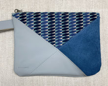 Load image into Gallery viewer, Crosswalk Leather and Fabric Wristlet - One of a Kind - Denim Blue Suede &amp; Silver Gray Leather