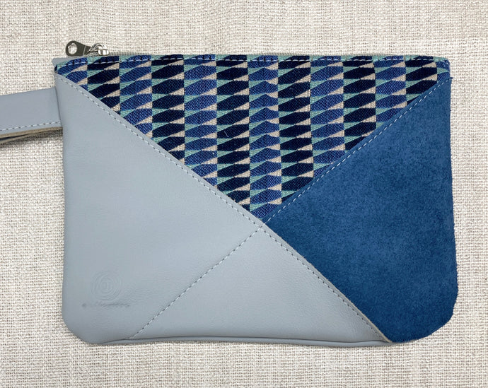 Crosswalk Leather and Fabric Wristlet - One of a Kind - Denim Blue Suede & Silver Gray Leather