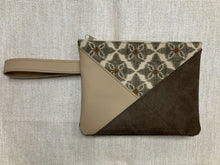 Load image into Gallery viewer, Leather and Fabric Zippered Wristlet One of a Kind &quot;Crosswalk&quot; Tan, Brown, Olive Green