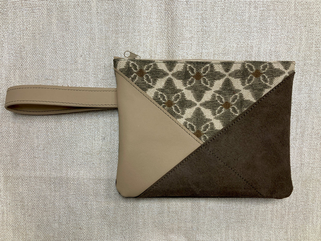 Leather and Fabric Zippered Wristlet One of a Kind 