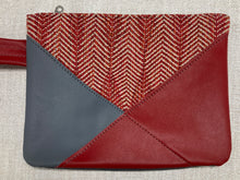 Load image into Gallery viewer, Leather and Fabric Wristlet &quot;Crosswalk&quot; One of a Kind - Red &amp; Gray with Leaf Pattern