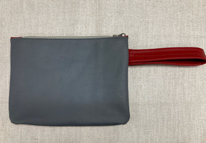 Leather and Fabric Wristlet "Crosswalk" One of a Kind - Red & Gray with Leaf Pattern