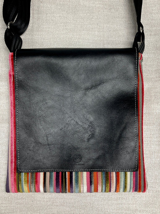 Crossbody Purse Multicolor Stripe & Black Leather 