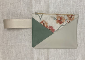 Leather and Fabric Zippered Wristlet "Crosswalk" One of a Kind - Green Embroidered Floral