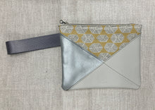 Load image into Gallery viewer, Leather and Fabric Zippered Wristlet &quot;Crosswalk&quot; One of a Kind - Silver Vinyl, Beige &amp; Yellow Fabric