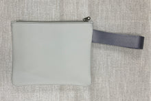 Load image into Gallery viewer, Leather and Fabric Zippered Wristlet &quot;Crosswalk&quot; One of a Kind - Silver Vinyl, Beige &amp; Yellow Fabric