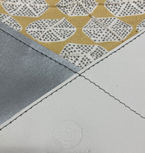 Load image into Gallery viewer, Leather and Fabric Zippered Wristlet &quot;Crosswalk&quot; One of a Kind - Silver Vinyl, Beige &amp; Yellow Fabric