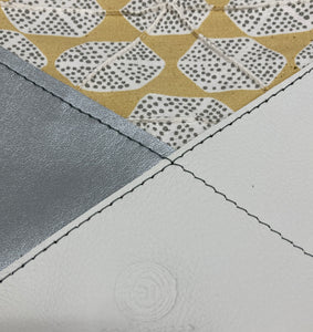 Leather and Fabric Zippered Wristlet "Crosswalk" One of a Kind - Silver Vinyl, Beige & Yellow Fabric