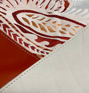 Leather and Fabric Zippered Wristlet "Crosswalk" One of a Kind - Rust Red, Tan, Blush & Cream Abstract Pattern