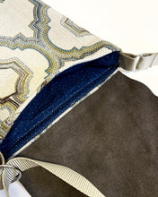 Load image into Gallery viewer, Waypoint | One of a Kind Upcycled Leather &amp; Fabric Crossbody Purse | Geometric Pattern in Beige, Blue, Green, &amp; Dark Brown