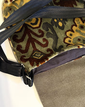 Load image into Gallery viewer, Waypoint | One of a Kind Upcycled Leather &amp; Fabric Crossbody Purse | Rust, Green, Gray &amp; Yellow Ikat Velvet