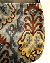 Load image into Gallery viewer, Waypoint | One of a Kind Upcycled Leather &amp; Fabric Crossbody Purse | Rust, Green, Gray &amp; Yellow Ikat Velvet
