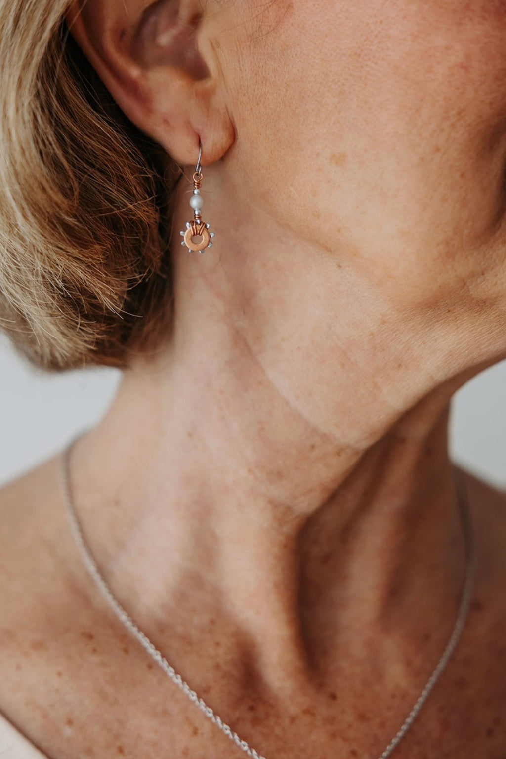 Shine Earrings | Repurposed Copper & Steel Auto Parts | Crystal Pearls | Stainless Steel Ear Wire