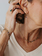 Close-up of a person wearing gold and gemstone jewelry including earrings, a necklace, and a bracelet.