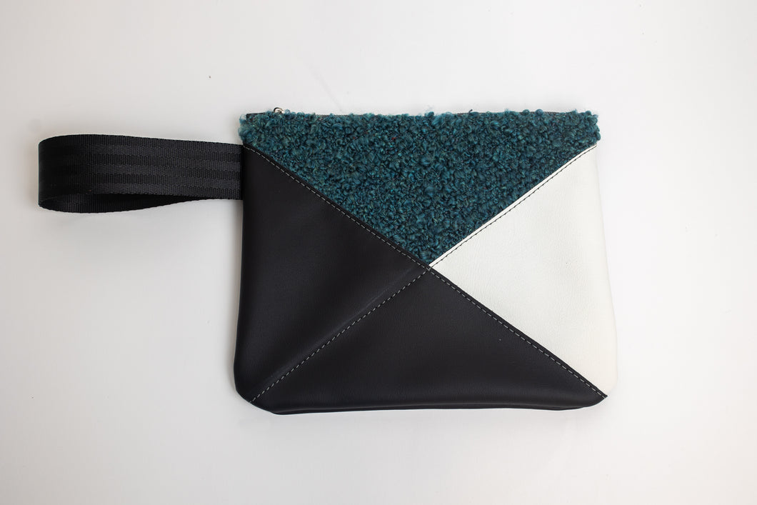 Crosswalk Textured Deep Teal Green Fabric with Black & White Leather Wristlet- One of a Kind!