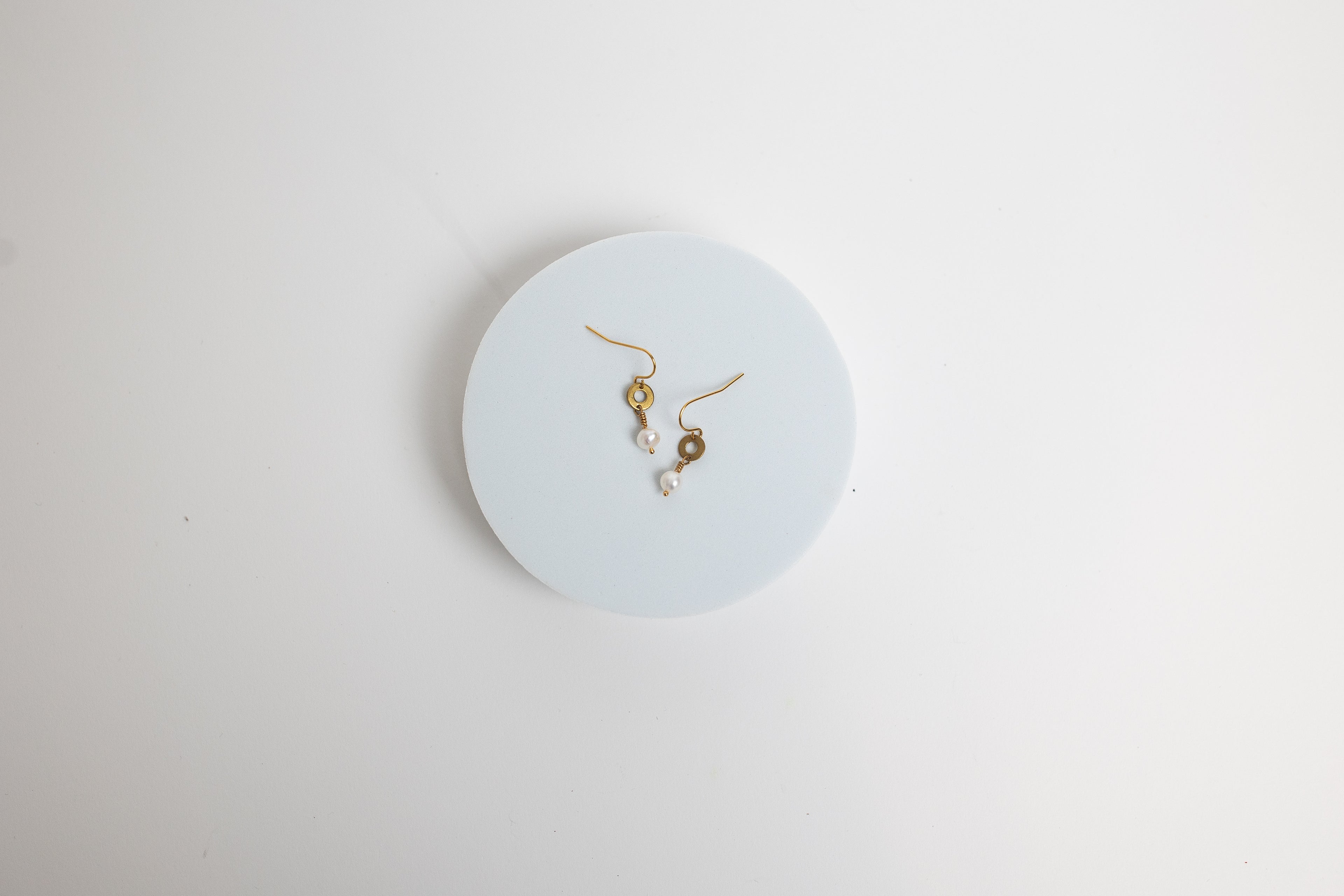 Promise Drop Earrings | Freshwater Pearl & Repurposed Brass Auto Parts | Gold Plated Ear Wire