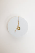 Promise Lariat Necklace | Freshwater Pearl & Repurposed Brass Auto Parts | Gold Plated Chain