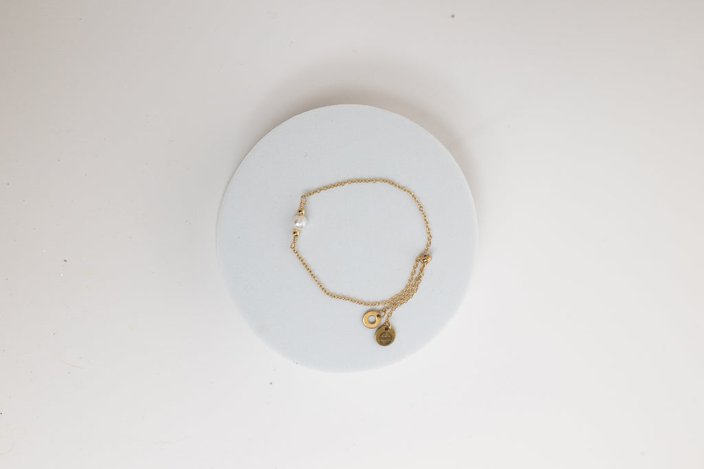 Promise Adjustable Bracelet | Freshwater Pearl & Repurposed Auto Brass Washers | Gold Plated Chain