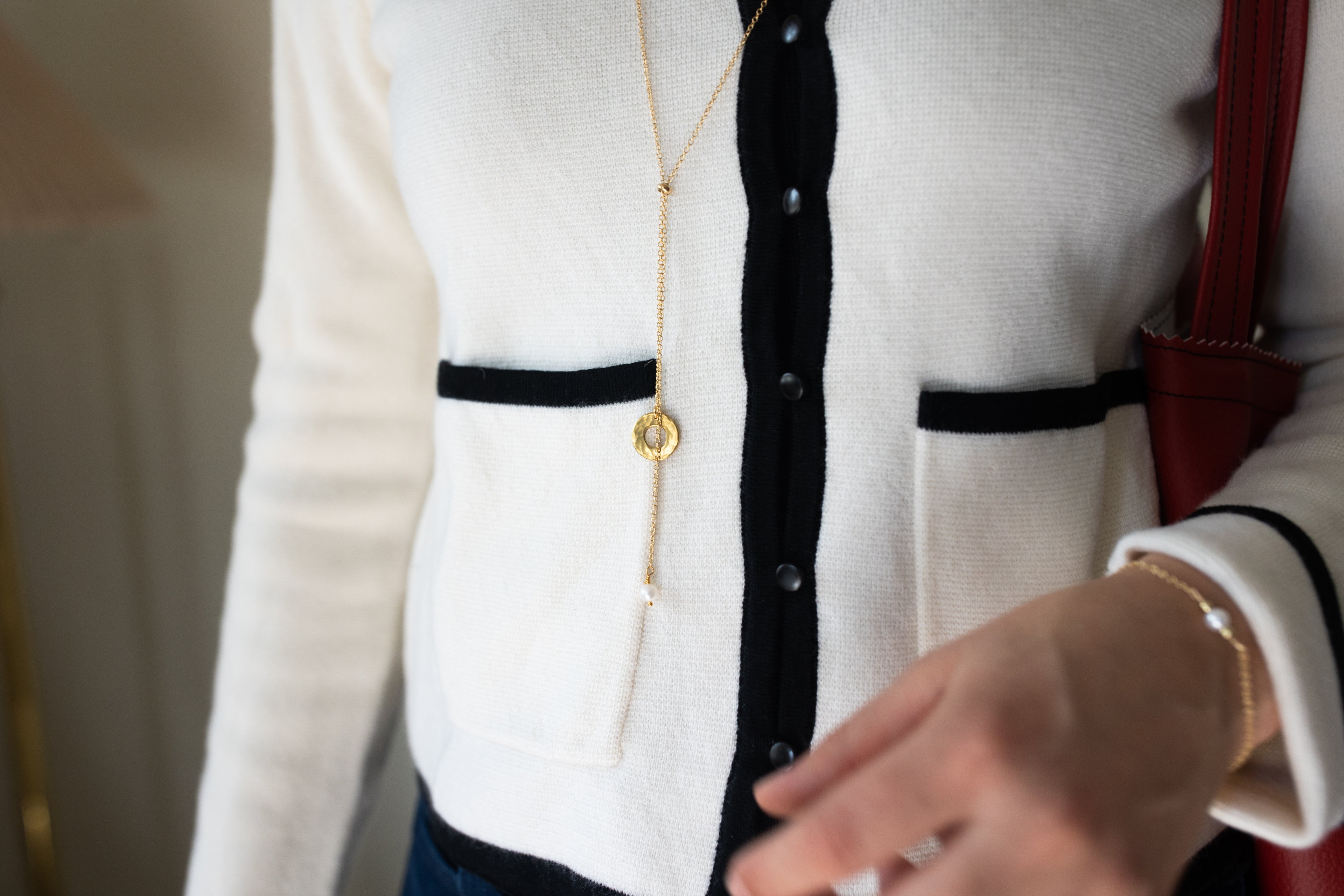 Promise Lariat Necklace | Freshwater Pearl & Repurposed Brass Auto Parts | Gold Plated Chain