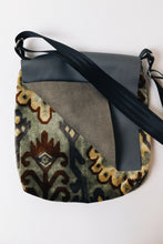 Load image into Gallery viewer, Waypoint | One of a Kind Upcycled Leather &amp; Fabric Crossbody Purse | Rust, Green, Gray &amp; Yellow Ikat Velvet