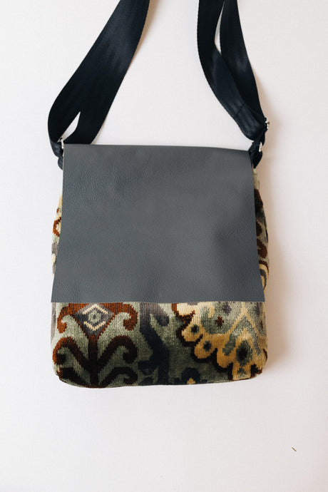 Waypoint | One of a Kind Upcycled Leather & Fabric Crossbody Purse | Rust, Green, Gray & Yellow Ikat Velvet