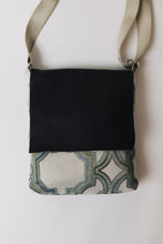 Load image into Gallery viewer, Waypoint | One of a Kind Upcycled Leather &amp; Fabric Crossbody Purse | Geometric Pattern in Beige, Blue, Green, &amp; Dark Brown