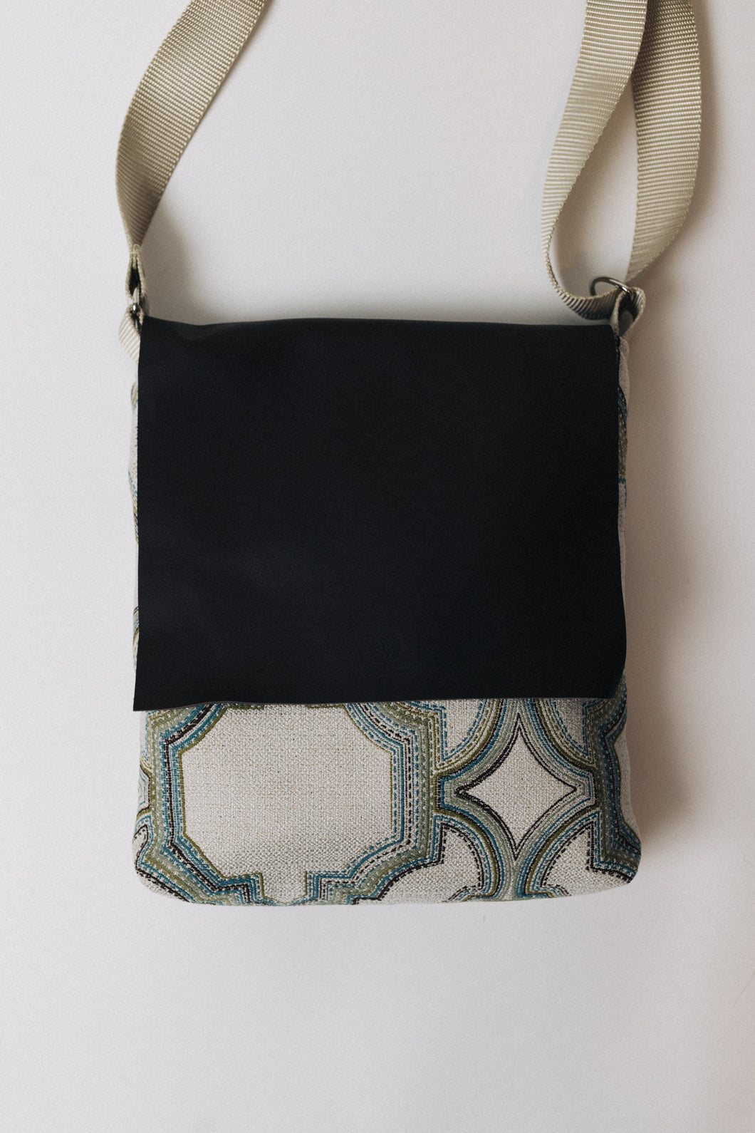 Waypoint | One of a Kind Upcycled Leather & Fabric Crossbody Purse | Geometric Pattern in Beige, Blue, Green, & Dark Brown