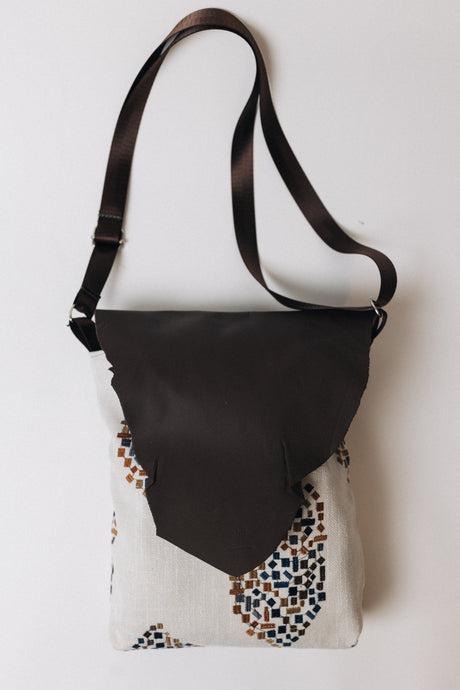 Waypoint | One of a Kind Upcycled Leather & Fabric Crossbody Purse | Beige, Rust, Navy & Dark Brown Abstract