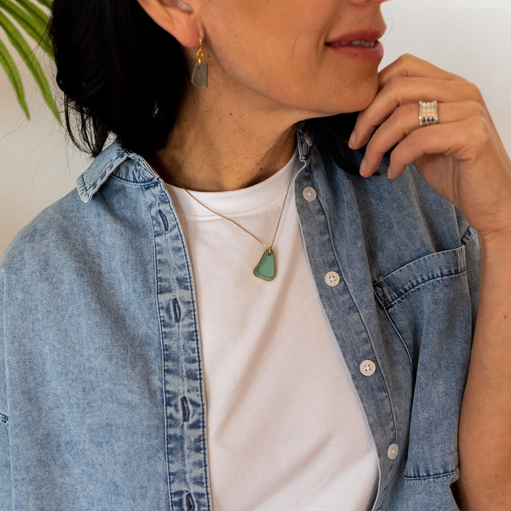 Visions Aqua Glass Necklace | Repurposed Automotive Windshield Glass | Adjustable Gold Plated Chain