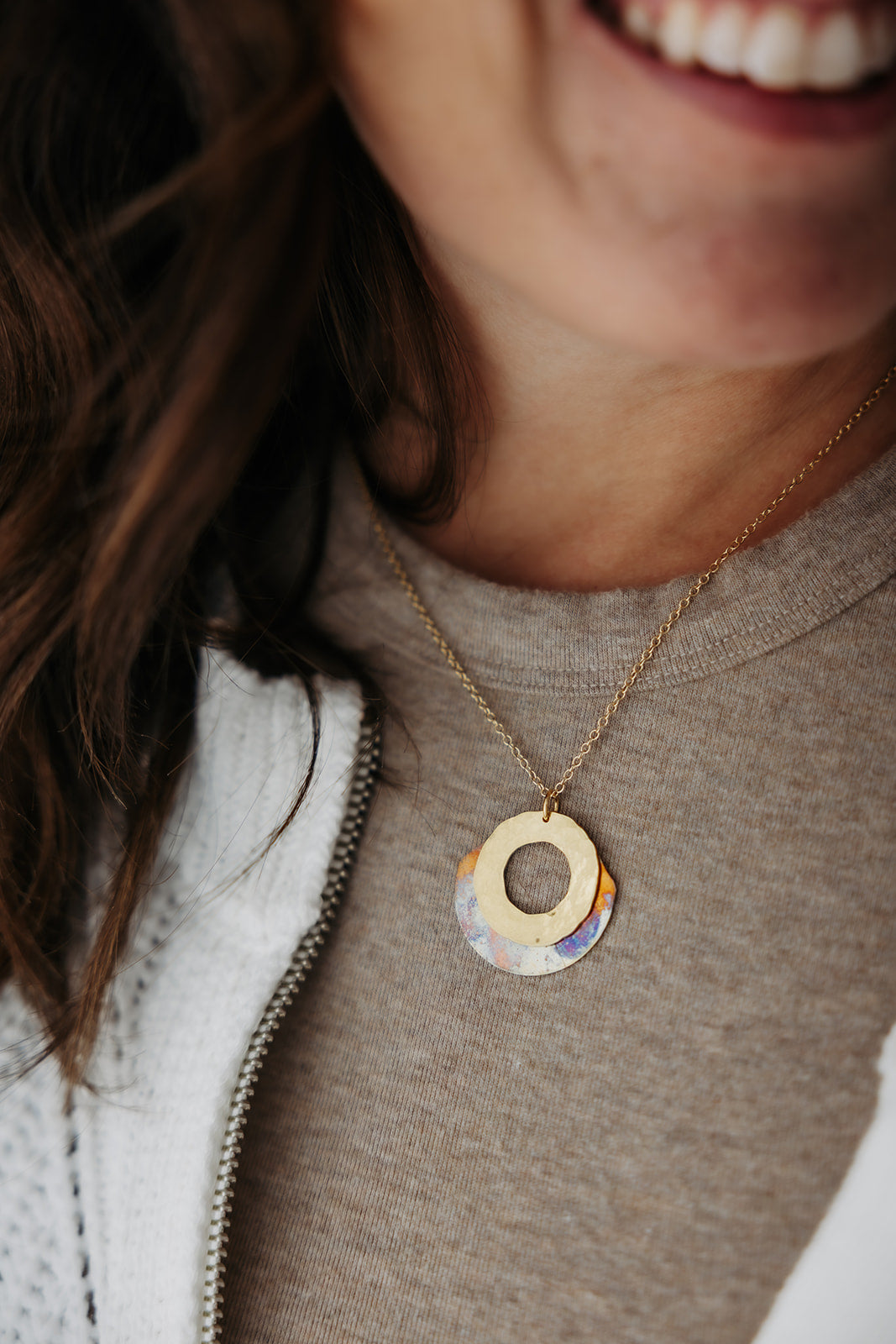 Glow Necklace | Repurposed Brass Washer & Fire Patina Copper Shim | Adjustable Gold Plated Necklace