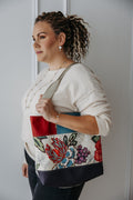 Patchwork Tote | Large Upcycled Auto Leather & Fabric | One of a Kind | Floral Print Purple, Red, Blue, Yellow