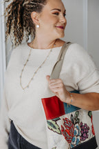Patchwork Tote | Large Upcycled Auto Leather & Fabric | One of a Kind | Floral Print Purple, Red, Blue, Yellow