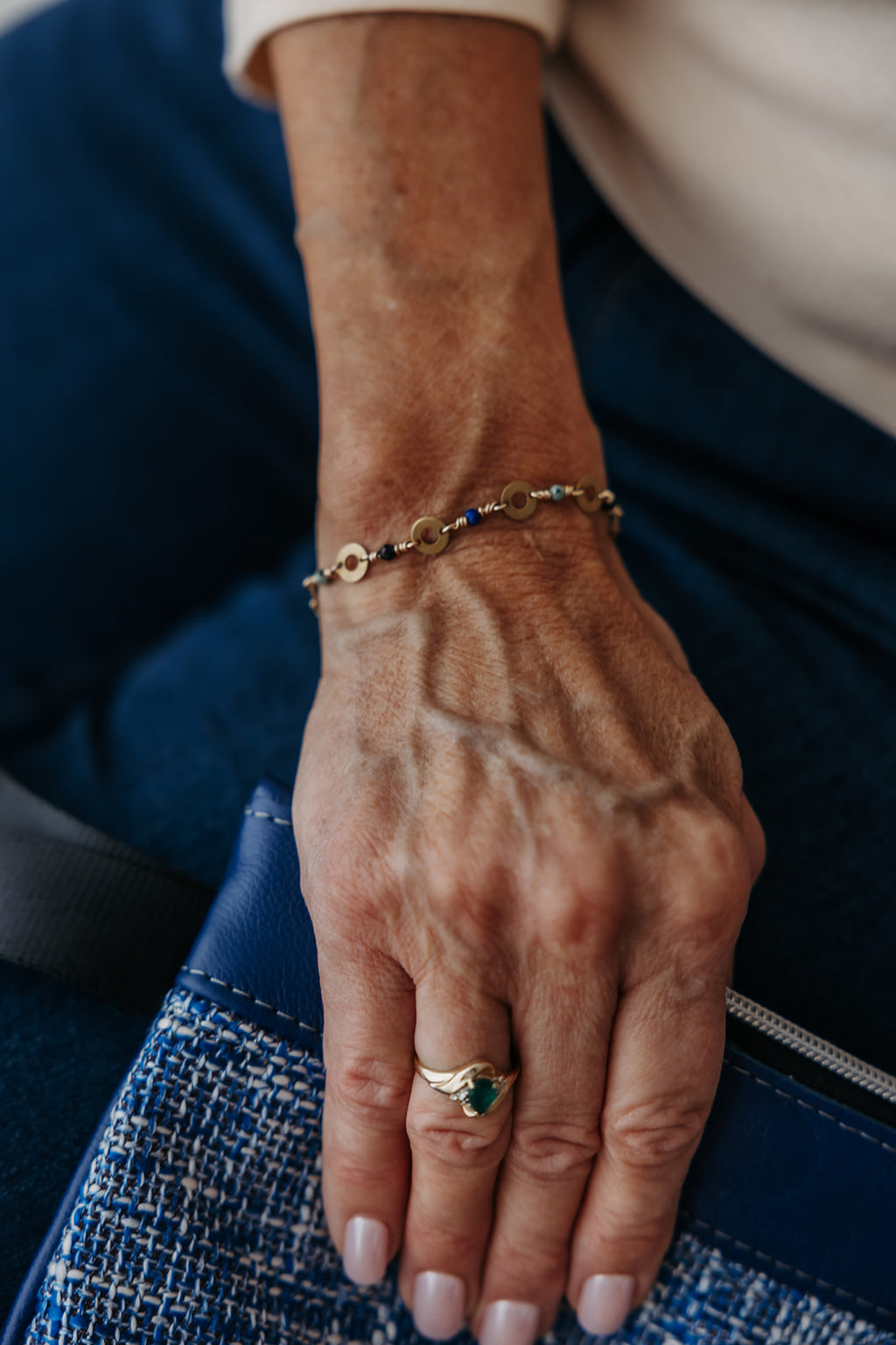 Renewed Radiance Gemstone Bracelet | Repurposed Brass Automotive Parts | Adjustable Gold Plated Chain