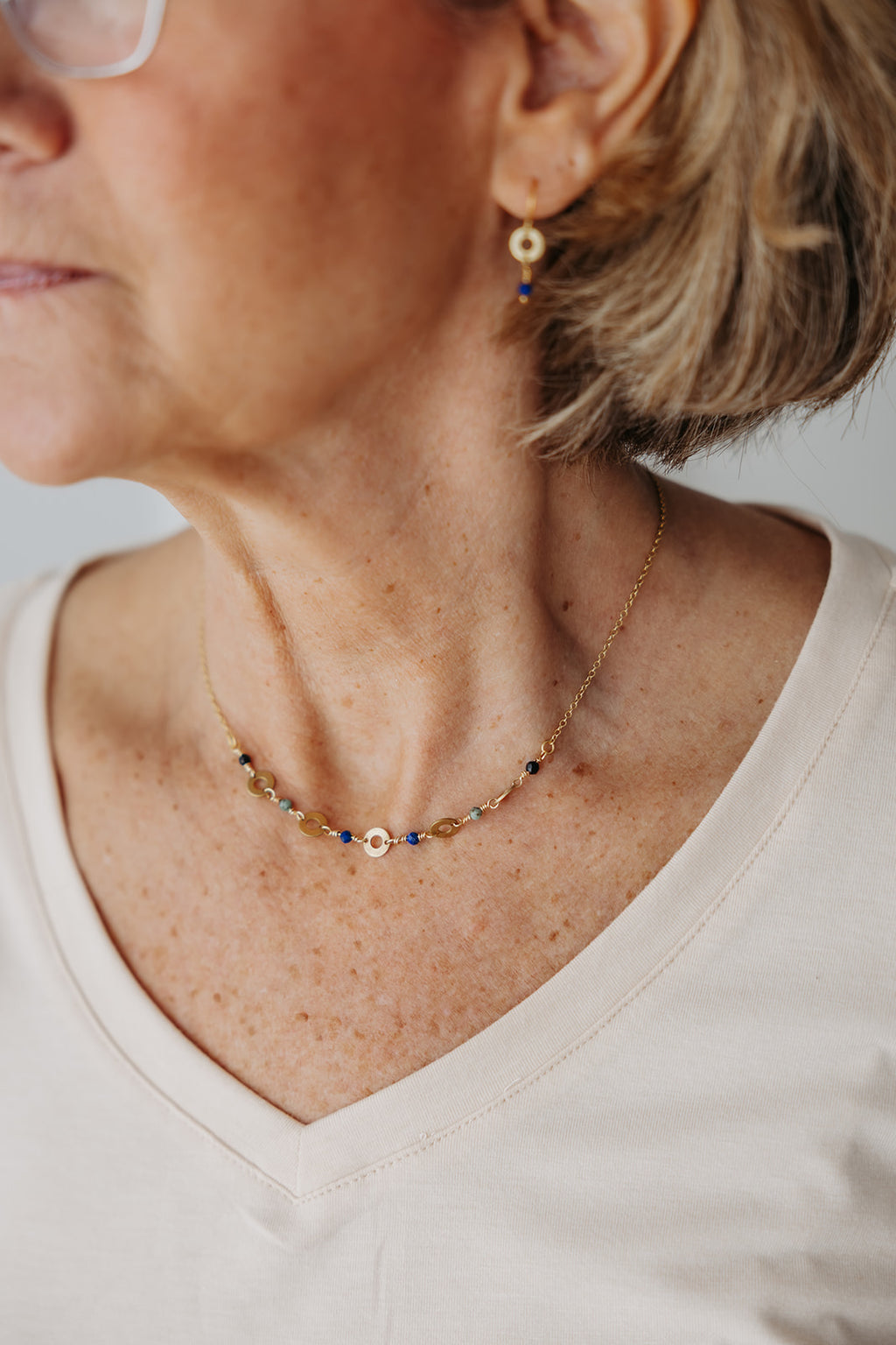 Renewed Radiance Gemstone Necklace | Repurposed Brass Auto Parts | Adjustable Gold Plated Chain